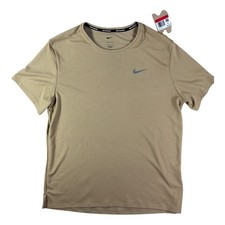 Nike Dri Fit UV Miler Shirt Mens Large Tan Swoosh Logo Sweat Wicking Relaxed Fit