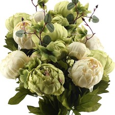 Mixed Cream Beige and Moss Green Vintage Artificial Silk Flower Peonies