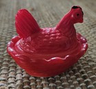 Westmoreland Painted Red On Milk Glass Hen On Nest Mid Century Modern Salt Dip  — photo 2
