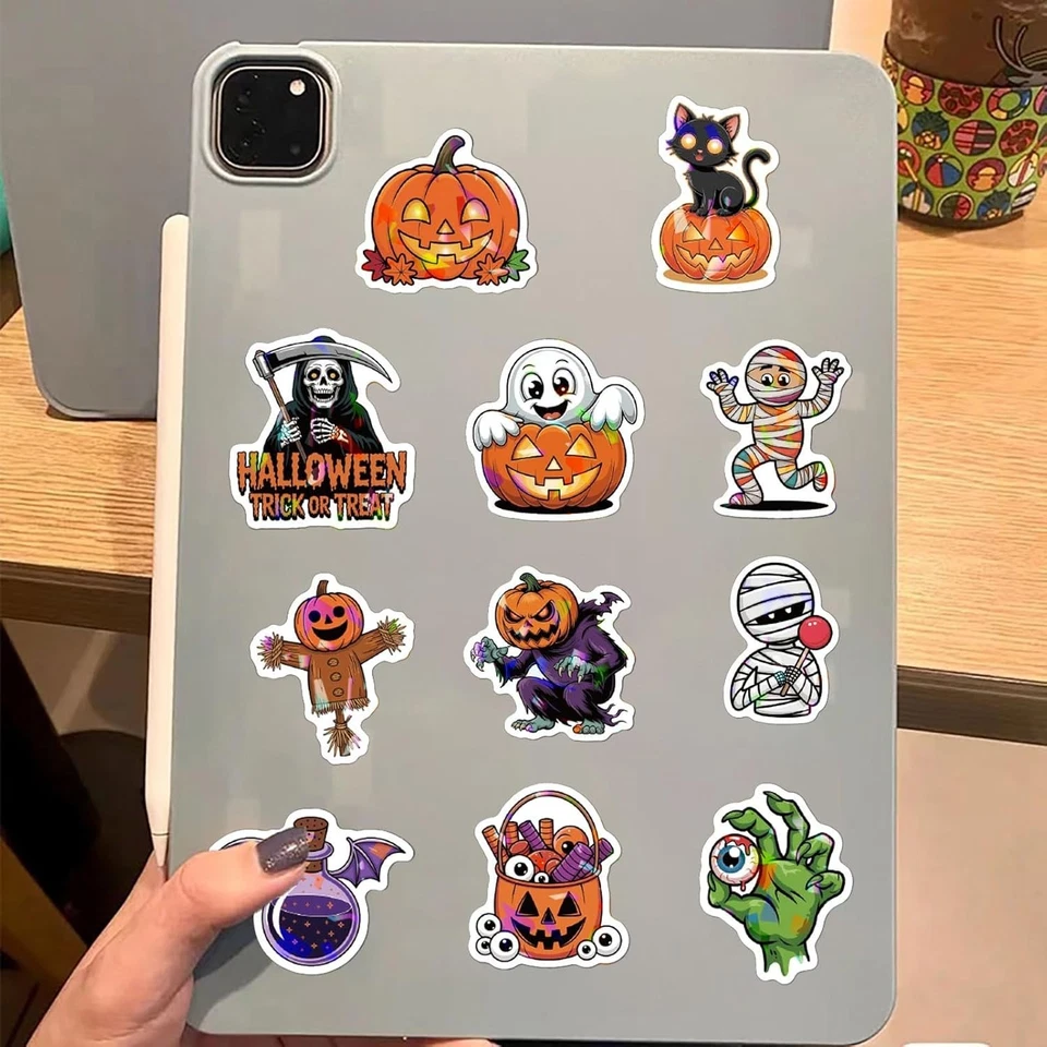 100 peças de adesivos de feliz Halloween para crianças - bastão tema abóbora fantasma holográfico - Imagem 2 de 4