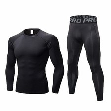 Mens Workout Compression Set Long Sleeve Shirt and Pants Thermal Underwear Wi...