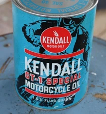GRAPHIC ~1960s era KENDALL GT-1 SPECIAL MOTORCYCLE MOTOR OIL Old Logo 1 qt. Can