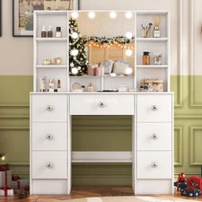 Makeup Vanity Desk with LED-Mirror Lights Large Vanity Dressing Table Set White