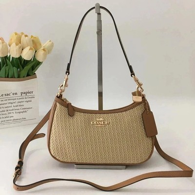 New COACH CR350 Teri Shoulder Bag Crossbody Straw Leather Latte Outlet JAPAN