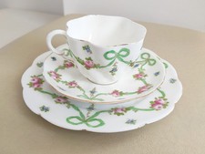Antique Crown Staffordshire China Rare Green Bows, Ribbons & Rose Garland Trio