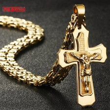 Men's Large Two-Tone Crucifix Pendant Necklace Byzantine Chain Jewellery Gift