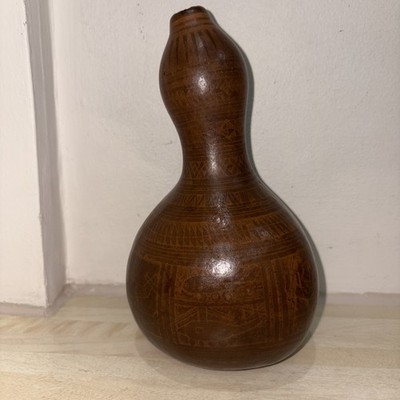 Vintage afrikanischer handbemalter getrockneter Kürbis Elefant Büffel 23 cm