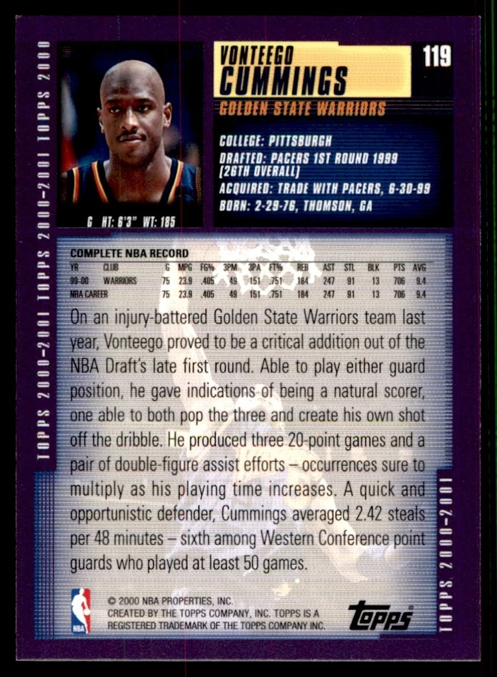 2000-01 Topps Vonteego Cummings Golden State Warriors #119 - Image 2 of 2