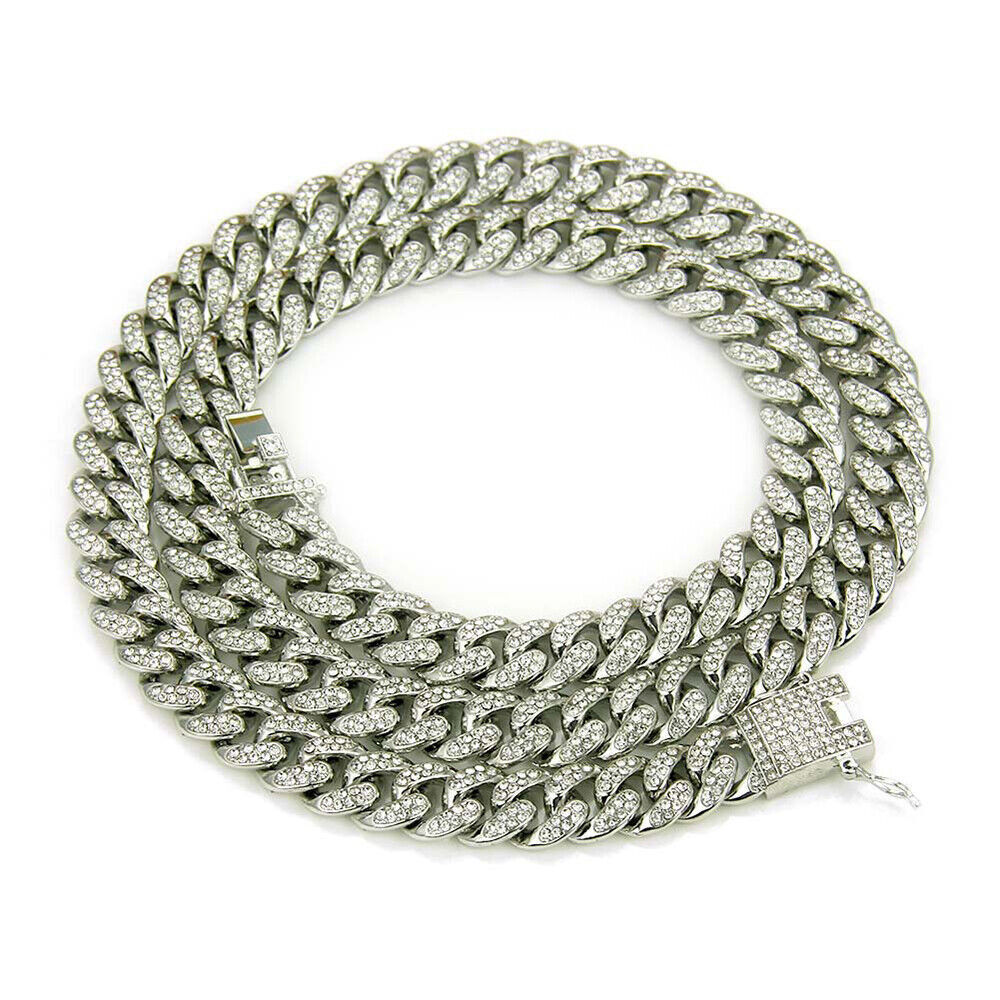 Mens Hip Hop Iced Out Diamond Cut Silver Miami Cuban Link Chain