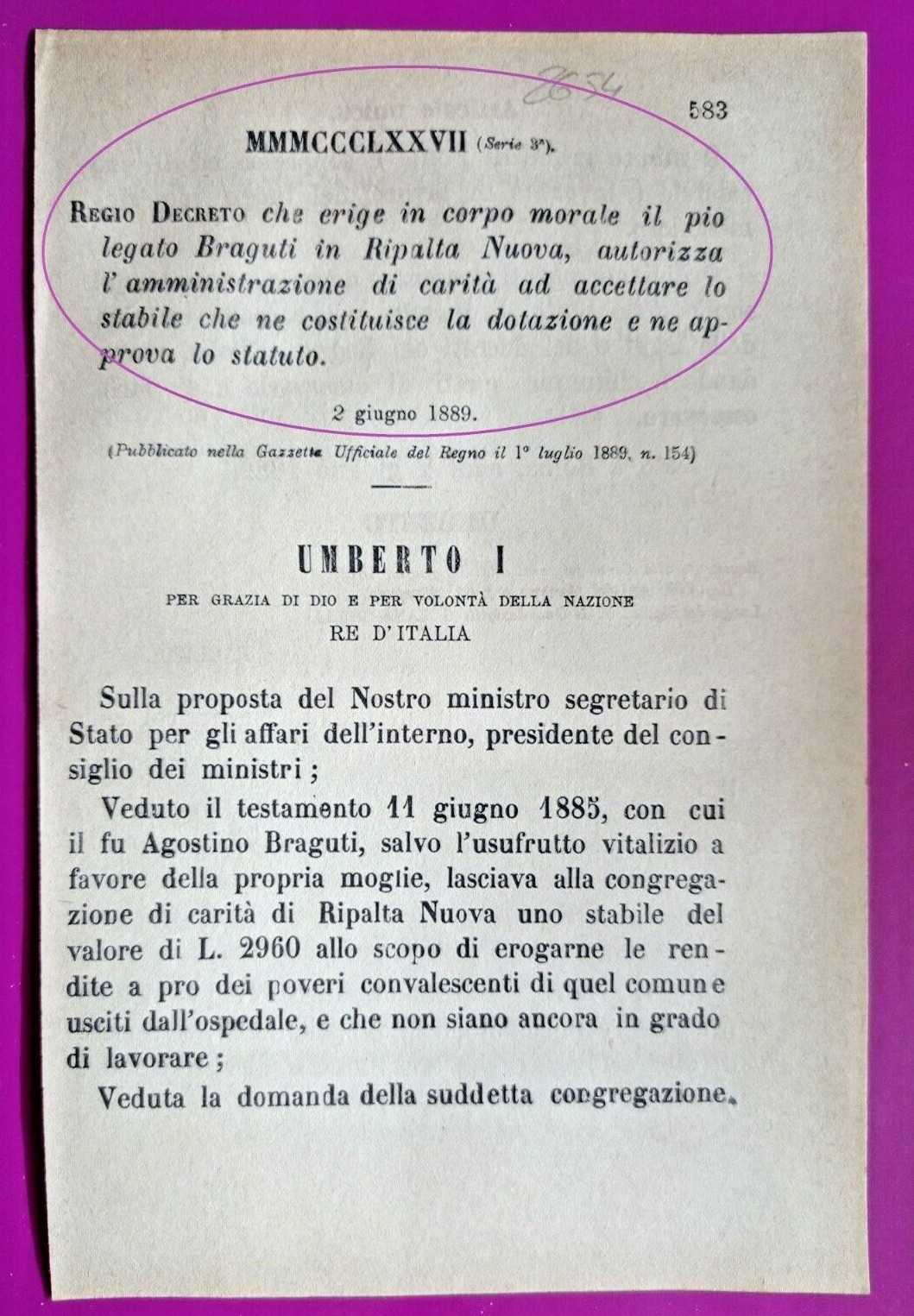 RIPALTA NUOVA(CR)-REGIO DECRETO ERIGE IN CORPO MORALE IL PIO LEGATO BRAGUTI-2654