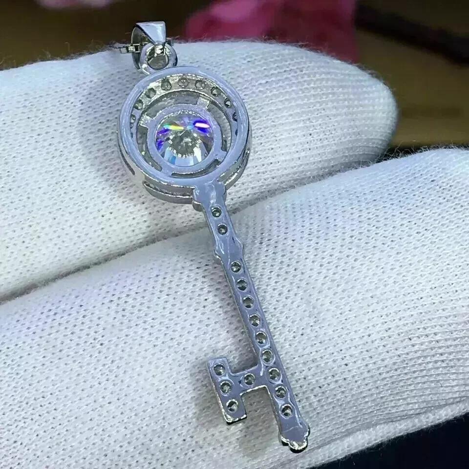 2Ct Real Moissanite Key Pendant With Chain 14k White Gold Plated 925 Silver