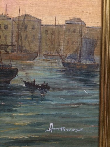 Vtg Oil Painting on Canvas Boats Ships in Harbor Signed Continental W27" x 23" - Picture 10 of 12