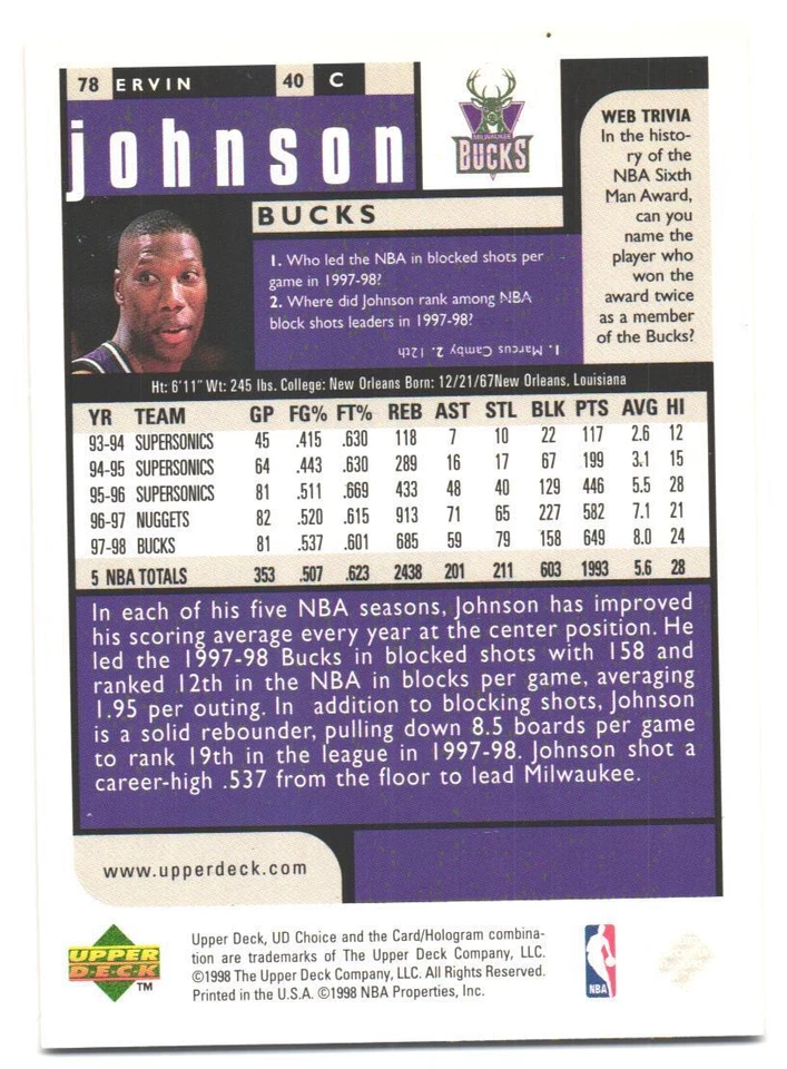 1998-99 UD Choice Ervin Johnson #78 - Image 2 of 2