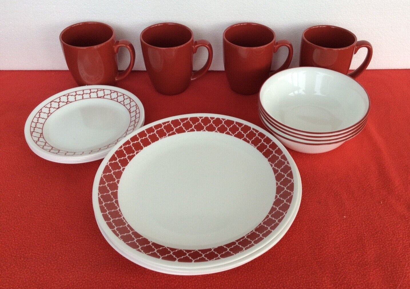 32-pc Corelle Dinnerware RED Crimson Trellis 8 place setting NEW Plate Bowl Mug
