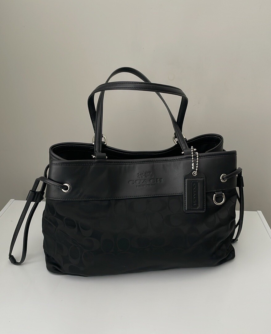 COACH 32702 Black Signature Drawstring Carryall Nylon Leather