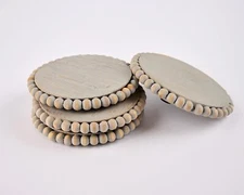 Mud Pie E2 Home Gray Beaded Wood Coaster 4.75"Dia Coaster Set 42500044G