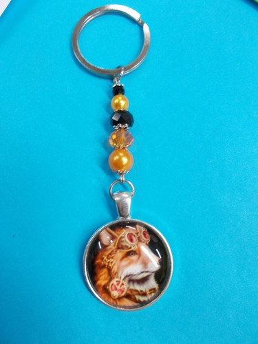 PUNK FOX GLASS DOME CABOCHON CHARM ON A CRYSTAL BEAD KEY RING KEYRING # 7 - Picture 2 of 12