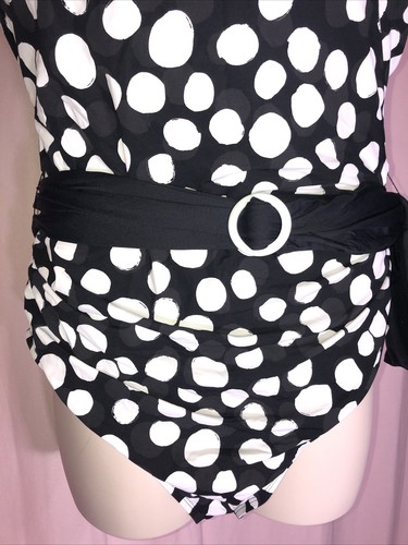 NWT - La Blanca 20W Black White Polka Dots 1 PC One-Piece Swimsuit Waist Tie E12 - Picture 3 of 13