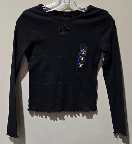 Art Class Girls' Large 10/12 Black Ribbed Texture Daisy Cut Out LS Slim Fit Tee - Picture 2 of 7
