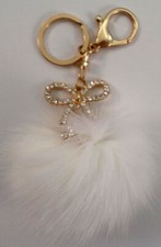 Rhinestone Bow With Pom-Pom Key Chain Fob Purse Phone Charm Tassel Drop