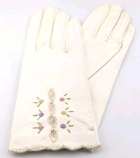 Vintage Floral Embroidered White Cream Kid Leather Gloves Small New Old Stock