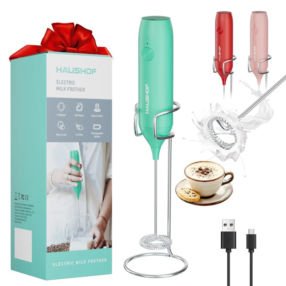 HAUSHOF Electric Milk Frother Handheld for Whisk & Coffee Foamer Wand with Stand