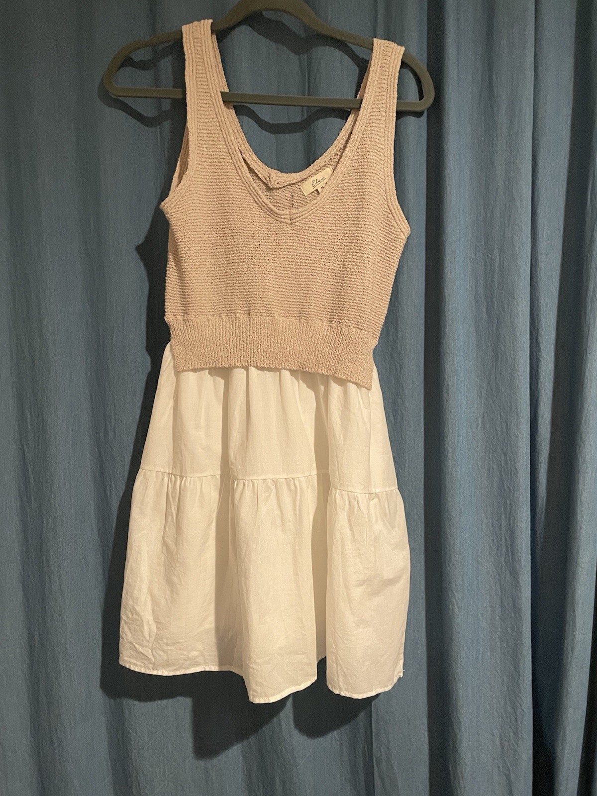 Elan Beige White Knit Cotton Mini Dress Sleeveless Scoop Neck Tiered Size M