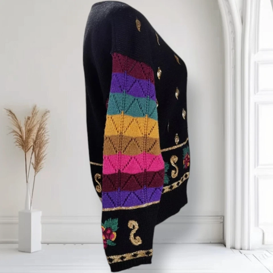 Suéter De Colección Años 80 Carole Little Embellecido Lana M Negro Arco Iris Arte para Usar Foto 3 de 4