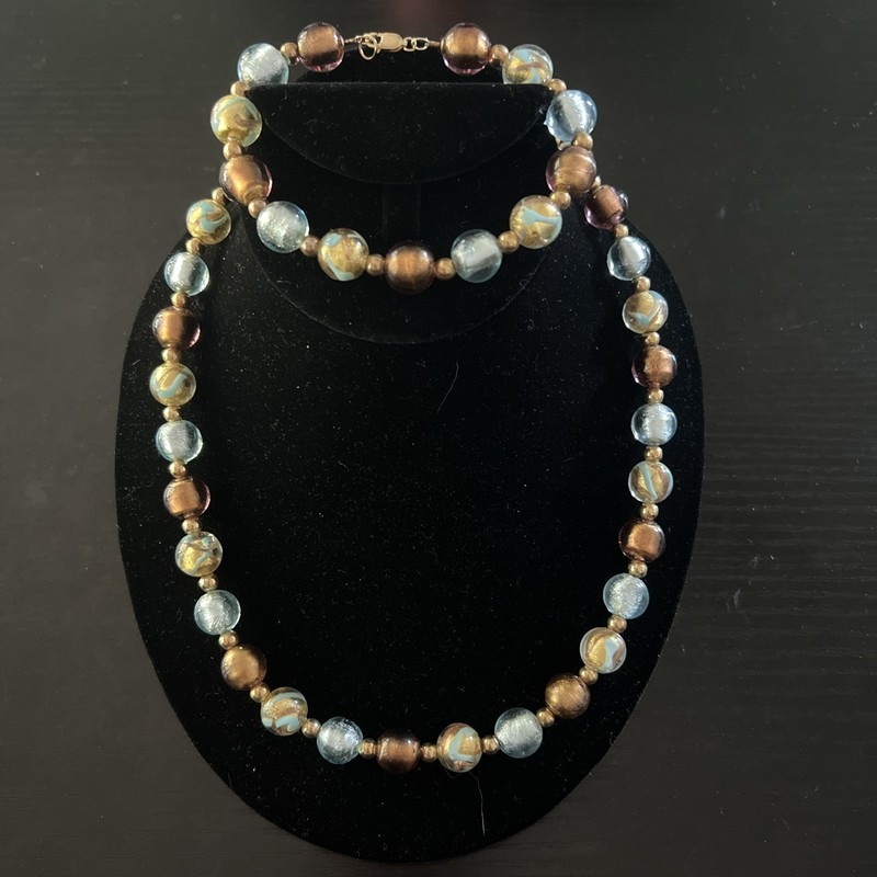Venetian Glass And 14 K Gold 585 Beaded Necklace And Bracelet Set Original Box
