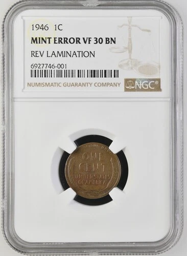 1946 P Wheat Cent Rev Lamination Mint Error VF 30 NGC BN
