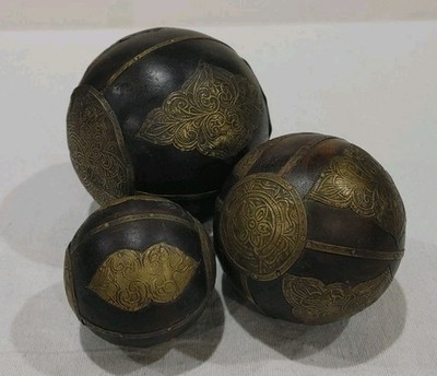 3 Vintage Wooden Decorative Spheres Balls With Brass