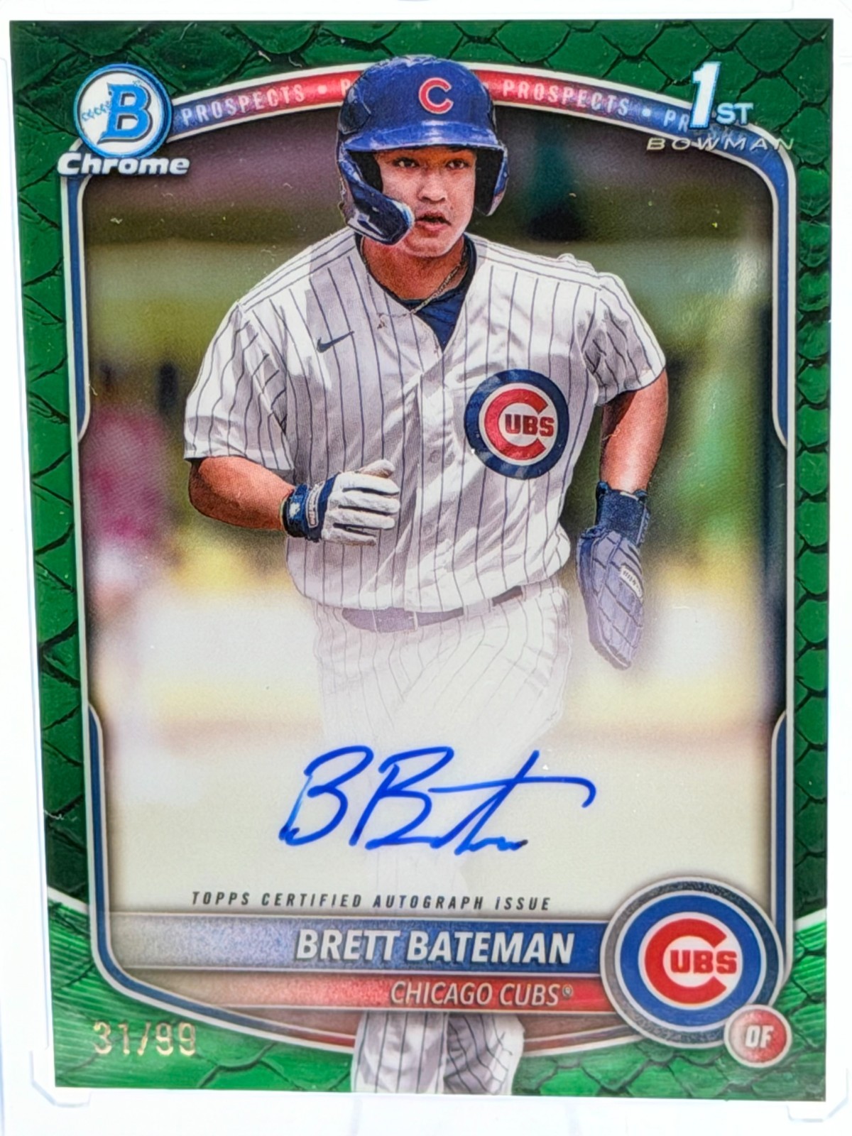 BRETT BATEMAN /99 AUTO REPTILIAN GREEN 2025 BOWMAN CHROME 1ST #CPA-BBA CUBS