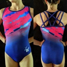 GK Laurie Hernandez Gymnastics Leotard Hot Pink Royal Blue Cris-Cross Size CS