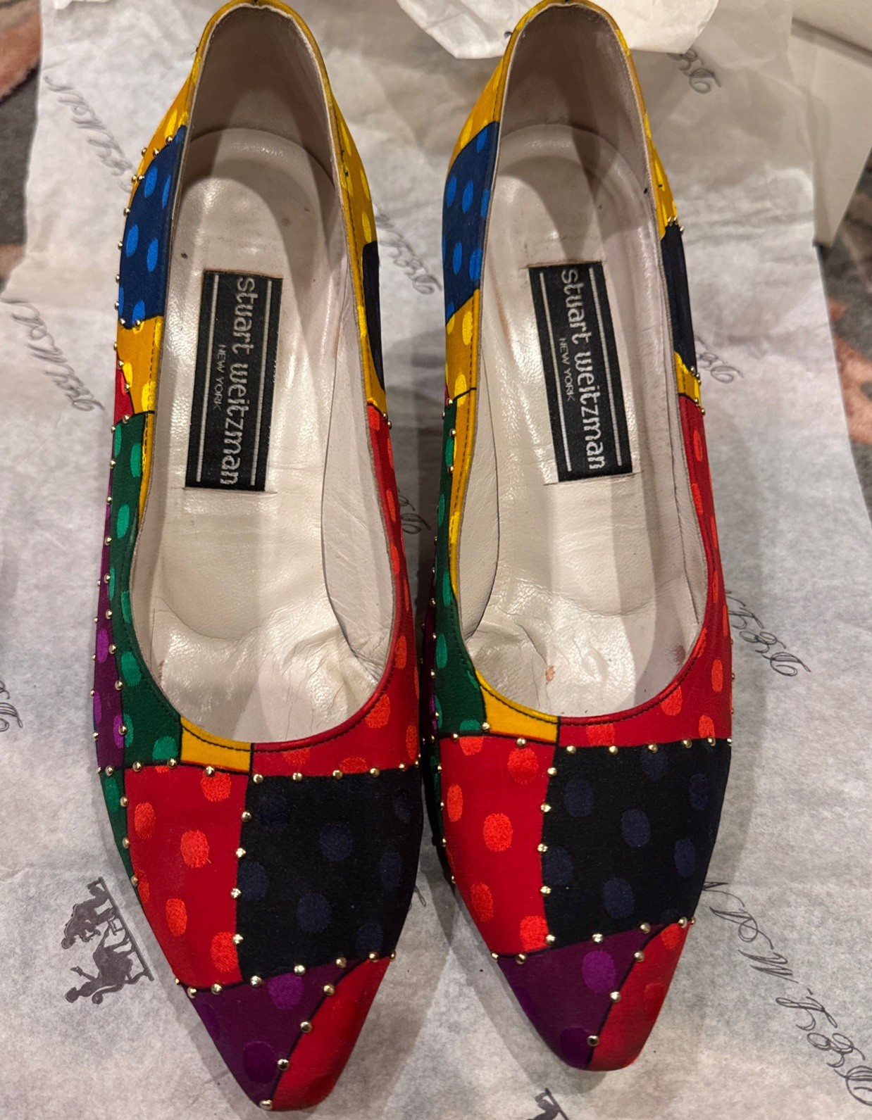 Stuart Weitzman patchwork fabric pump with stud d… - image 1