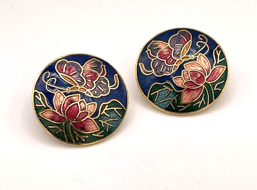 Sea Gems Cloisonné Butterfly Lotus Gold Tone Round Stud Earrings
