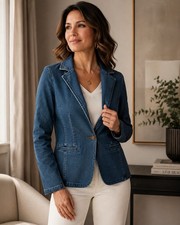 Womens S Denim Blazer Jacket Blue Stretch One Button Tailored Business Casual