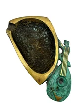 Vintage Mid Century Modern Brass & Patinated Ashtray With Lyre Motif Israel