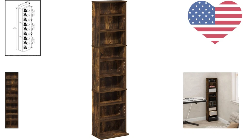 Estante de torre de almacenamiento de medios compacto y elegante de 9 estantes - pino ámbar ajustable Foto 2 de 4