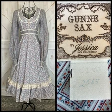 70's Vintage Gunne Sax Blue White Red Calico Check Prairie Corset Midi Dress