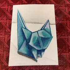 ACEO Original Acrylic Painting ATC Hand Origami Aqua Cat 2.5 X 3.5-NOT A PRINT