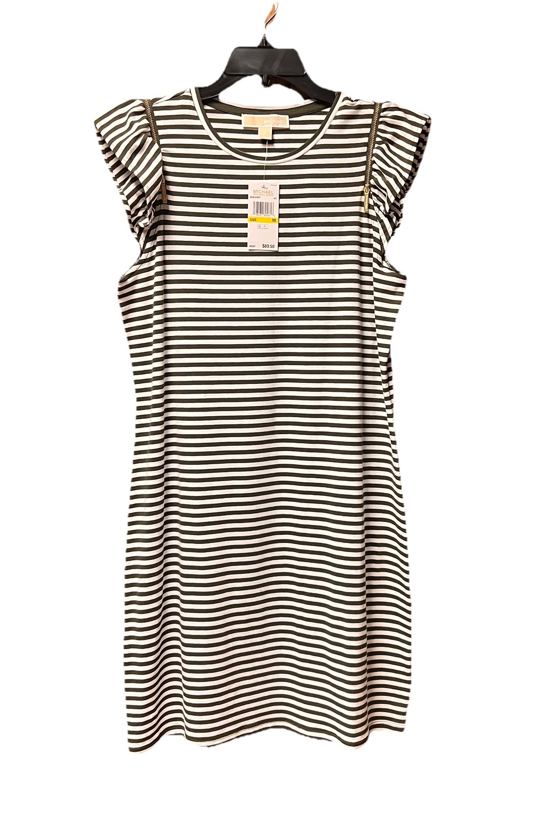 NWT Michael Kors Olive Army Green & White Striped Dress Sz M Flutter Sleeve Soft thumbnail 2