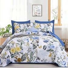 Anibedding Blue Floral Queen Quilt Sets,3 Piece Farmhouse Botanical Lightweig...