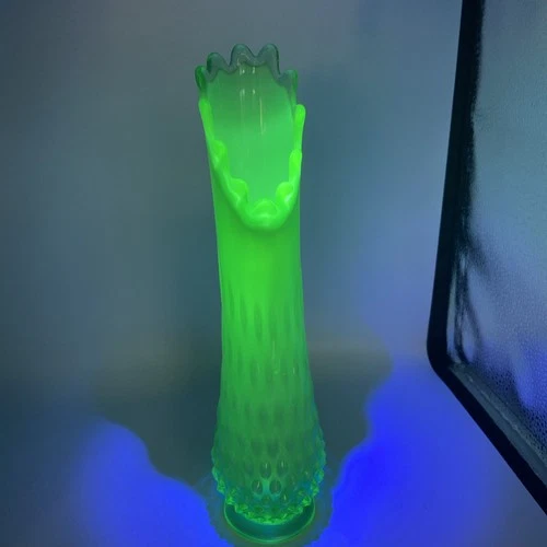Fenton Emerald/Sea Foam Green Opalescent Hobnail Swung Vase 12 Inch GLOWS