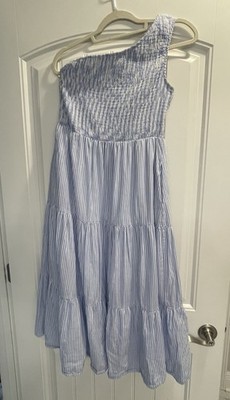 one shoulder striped smocked midi sun dress summer casual lined and pockets