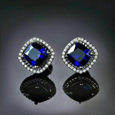 3Ct Cushion Cut Lab Created Blue Sapphire Diamond Stud Earring 14K White Gold FN