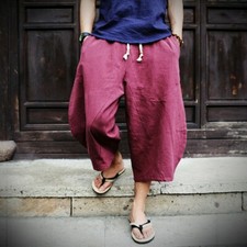Men Linen Cotton Harem Crop Drawstring Pants Loose Pocket Trouser Bottoms Blue