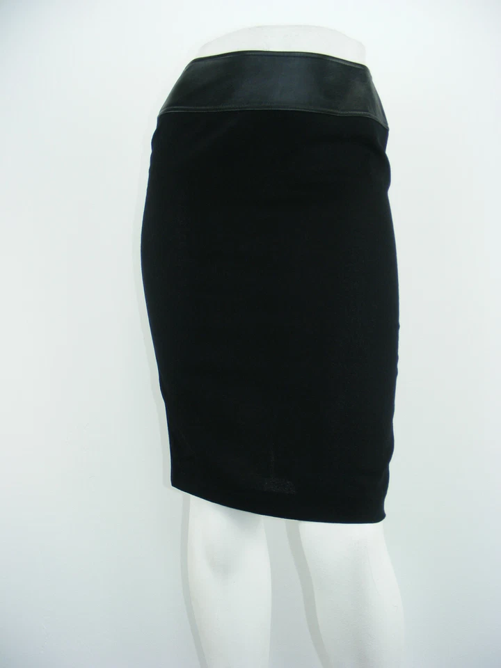 D&G DOLCE & GABBANA Falda Negra Lana Cuero Borde Debajo de la Rodilla Lápiz Talla 6 US/40IT