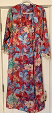 Vtg Miss Dior Watercolor Floral Satin Kimono Robe Lace Trim Pink Blue Purple Tie
