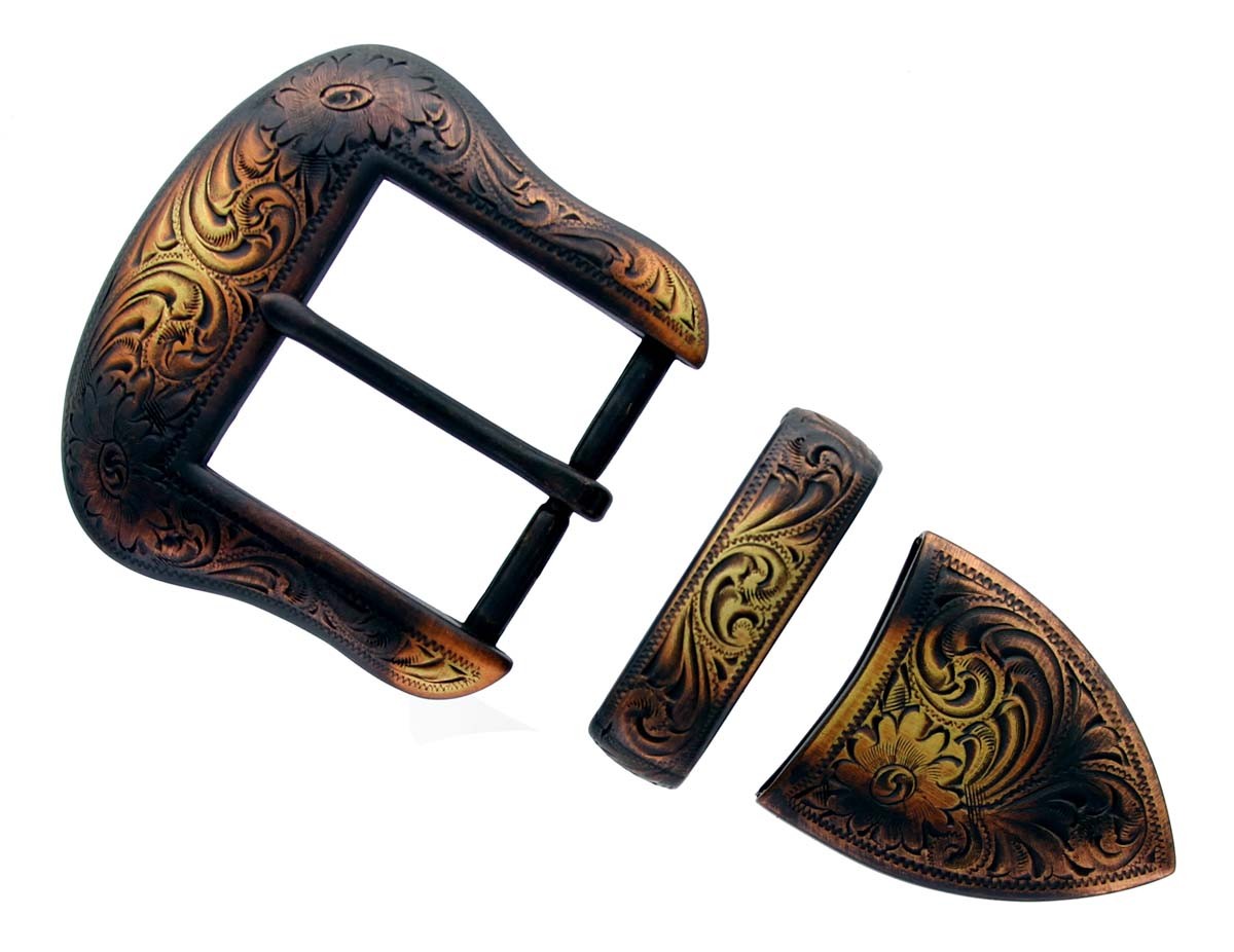 WESTERN COWBOY ANTIQUE BRASS FLORAL ENGRAVED BELT BUCKLE SET  display picture 1