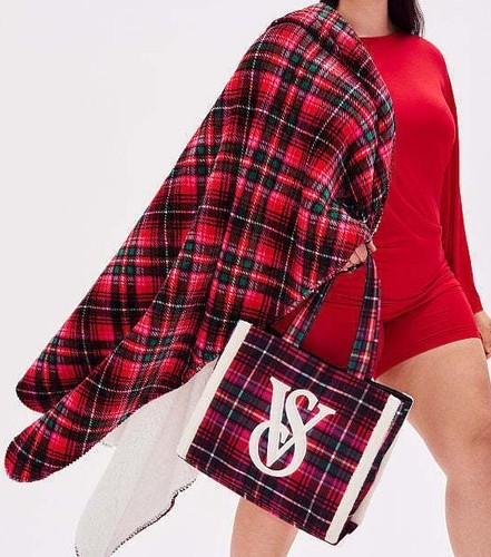 VICTORIA'S SECRET Pink Tote & Blanket Red Plaid Holiday VS LOGO NEW Sealed Pick - Picture 13 of 15